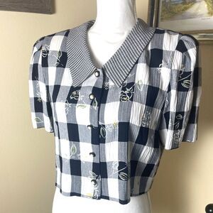 VTG Peri Petites Womens Gingham Check Floral Overlay Top Sz 12 Blouse Retro 80s